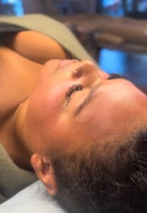 Close-up of glowing, smooth skin after a professional microneedling treatment at Third Eye Beauty Lounge in Tempe, Arizona, showing refined texture and natural radiance.